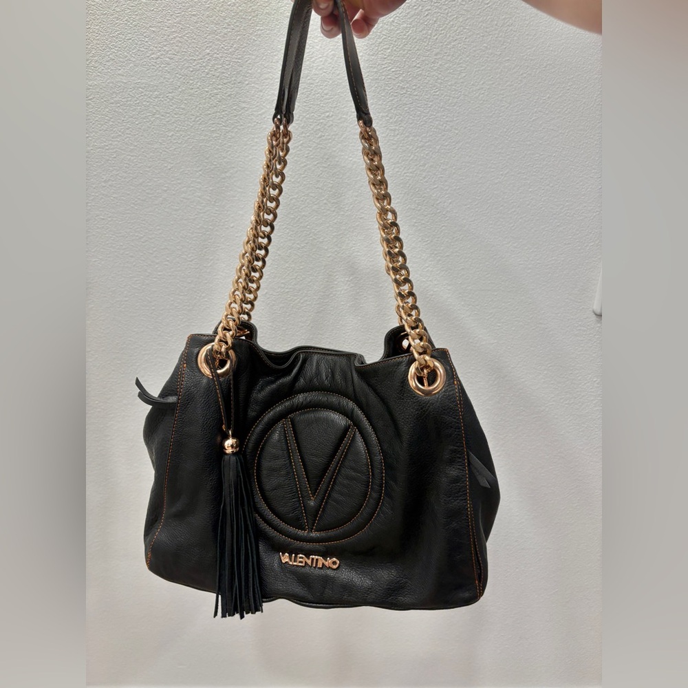 Valentino by Mario Black Leather Chain Shoulder Bag